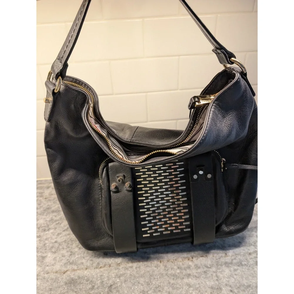 She+Lo BLACK Leather Hobo Handbag With‎ Gold Accents